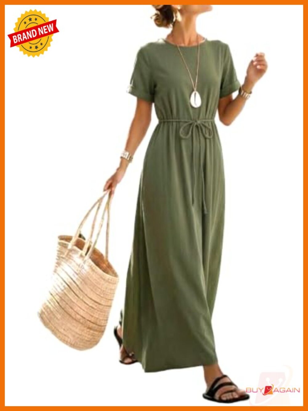 Women's 100% Cotton Maxi Dress Short Sleeve Crew Neck Casual